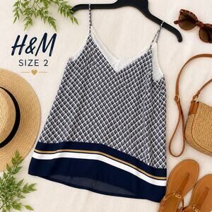 H&M Geometric Print Cami Tank Top Navy White Size 2 Flowy Lightweight